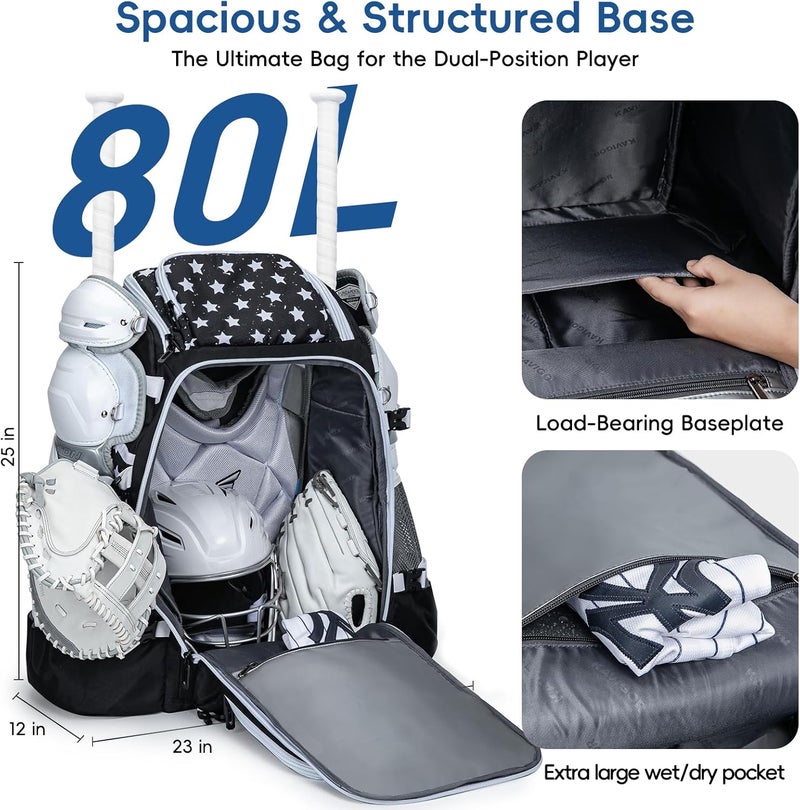 KAVIGOR Catchers Gear Bag, 80L Baseball/Softball Backpack Holds 2 Sets of Gear with Shoe Compartment, Helmet Holder & Cooler Pocket - Image 3